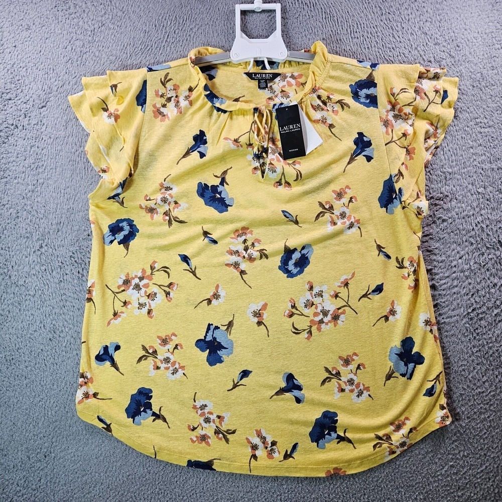 $115 NWT Lauren Ralph Lauren Top Women 1X‎ Plus Ruffle Sleeve Floral Yellow Cute